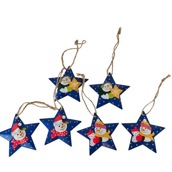 6 Christmas Star Metal Ornaments Blue Snowman Holiday Tree Hanging Decor 3" Lot - Picture 1 of 8